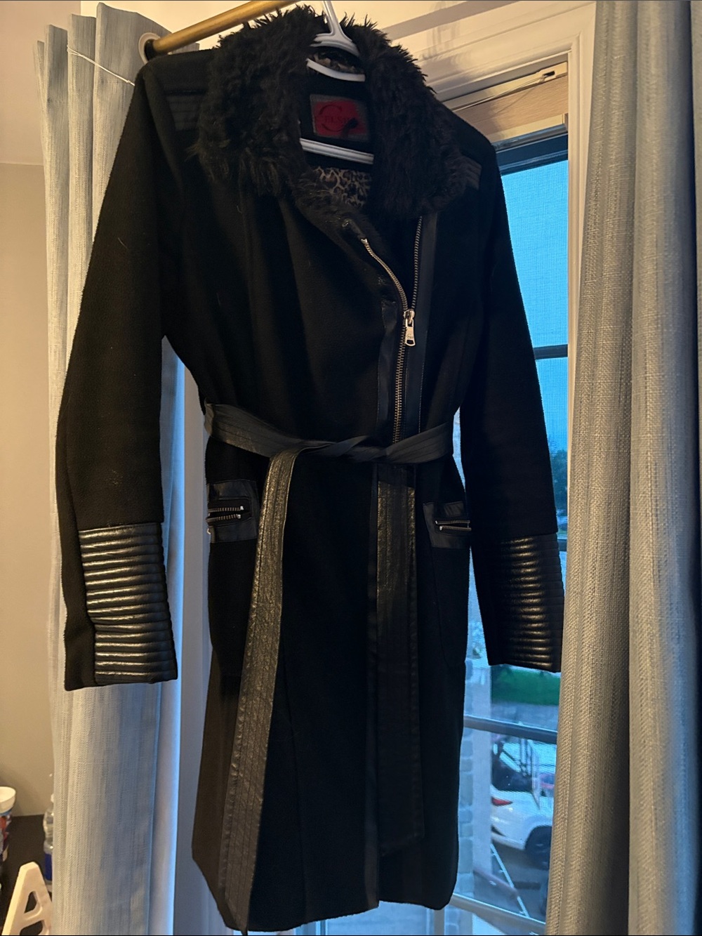 Women's Black Faux Fur Collar Coat with Belt